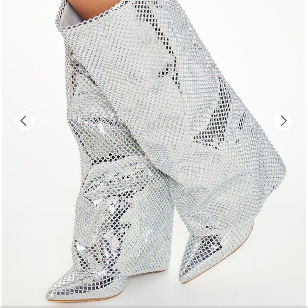 New silver  Metallic Fishnet Overlay Boots Womens Size-6